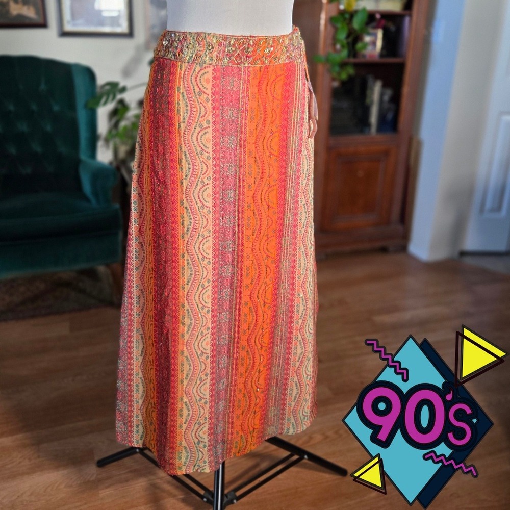 Vintage 90s Mix Nouveau Orange Beaded Embellished Maxi Skirt Boho Festival